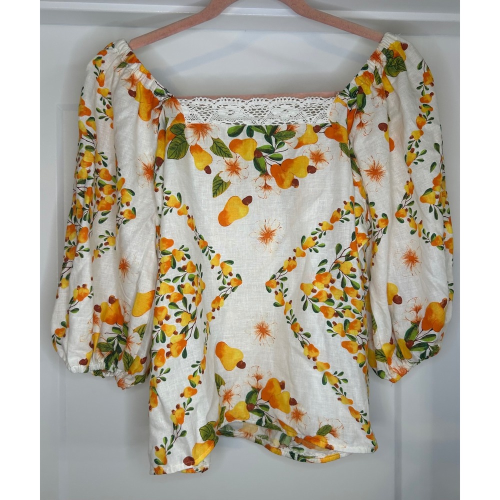 Artelier Nicole Miller Citrus Pear‎ Print Puff Sleeve Lace Trim Top Boho Medium